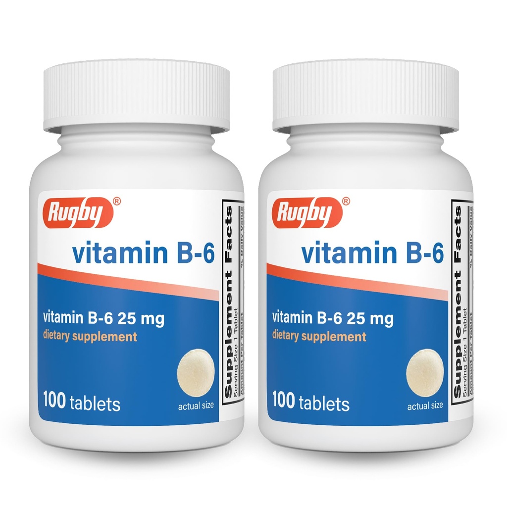 Rugby Vitamin B-6 tabletter - 25 mg vitamin B6 - Kosttillskott - 100 greve (2 Pack)