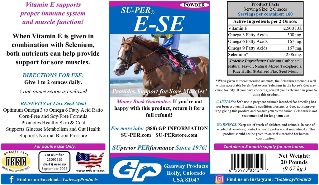 SU-PER E-Se Horses Antioxidant Supplement - Vitamin E & Selenium för ömma muskler Support - 20 pund