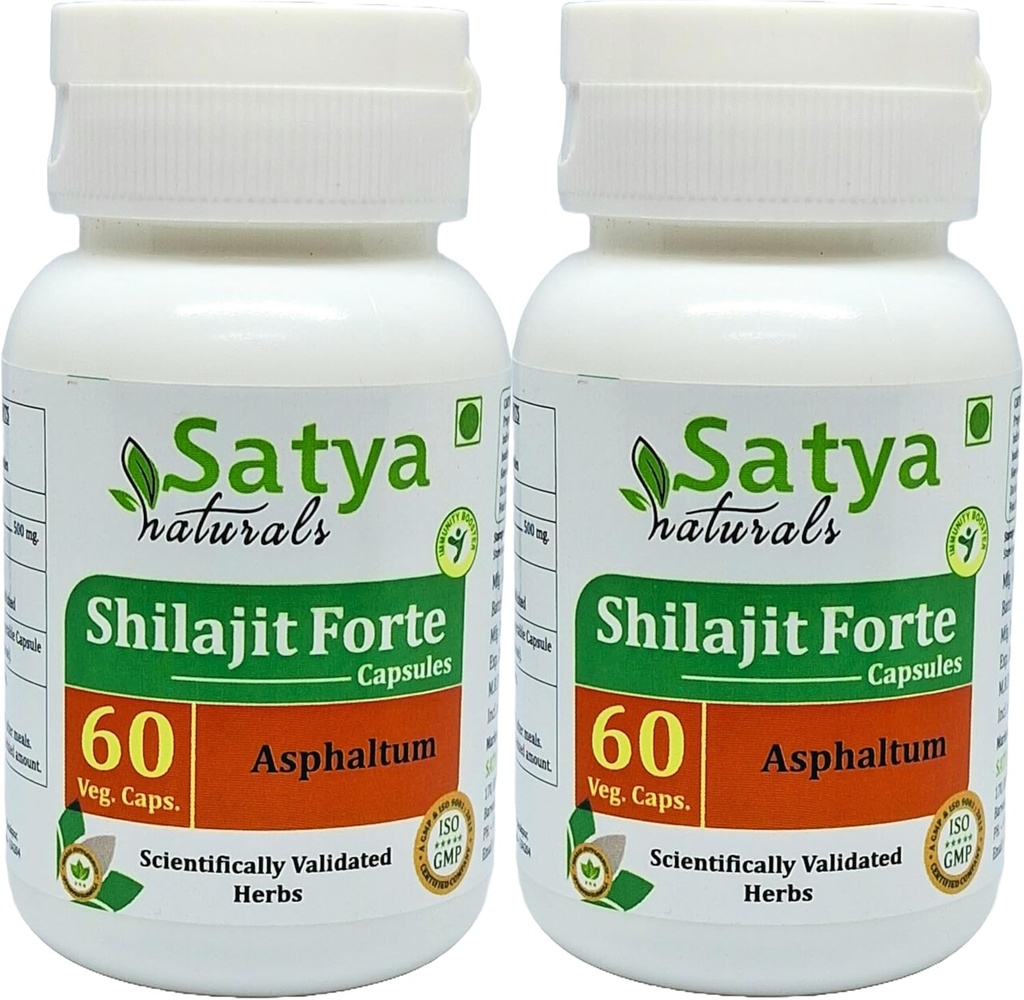 Shilajit Forte Capsules 500 mg. 60 Veg. Capsule | Shilajit (Asphaltum) Extract Capsules för män och kvinnor | Ayurvedic Herbal Supplement / läkemedel | 10:1 Forte (2 flaskor av 60 kapslar)