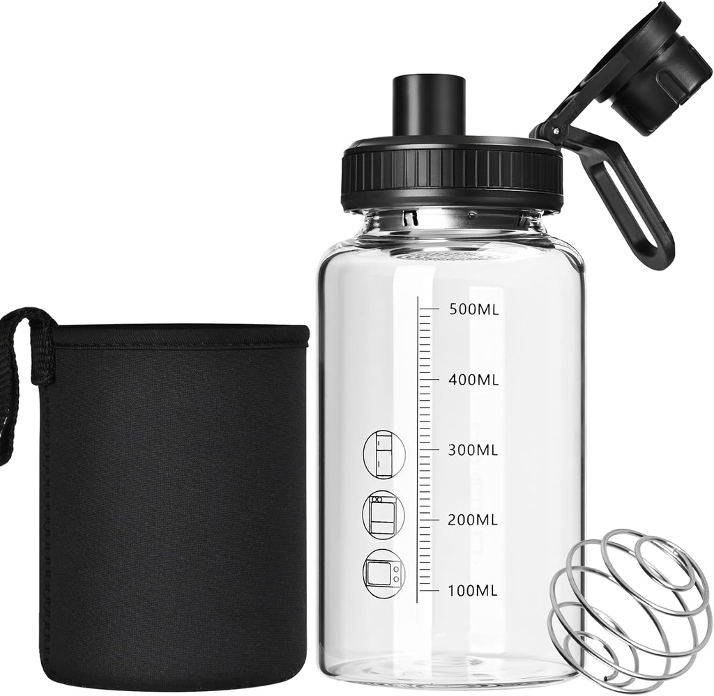 Glass Shaker Bottle,22oz BPA-Free Odorless Shaker Bottle med 304 rostfritt stålboll och flyttbar rengöring av borste för Fitness proteinblandningar (1Pack)