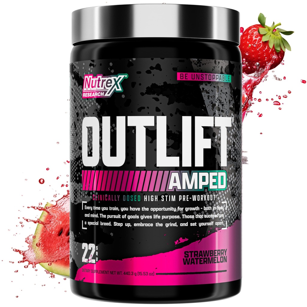OUTLIFT Amped Max Dosed HIGH STIM Pre Workout Powder 6G Citrulline, 3.2G Beta Alanine, Alpha GPC, CognatiQ, Extreme Energy, Massive Pumps, Electrolytes (Strawberry Watermelon, 22 portioner)