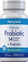 Piping Rock Probiotic and Prebiotic for Women and Men | 50 Billion CFU | 100 Capsules | Ultimate 14 Strain Supplement | Vegetarian, Non-GMO, Gluten Free