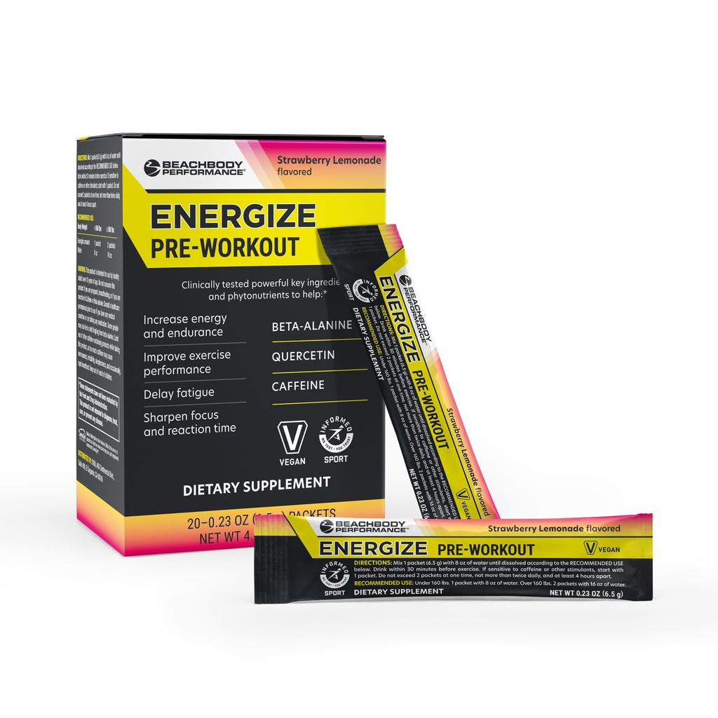 BODi Energize Pre Workout Powder - Beta-Alanine, Quercetin & Low-Dose Caffeine Formel för förbättrad energi och fokus, Öka energi och uthållighet Supplement, Strawberry Lemonade Flavored, 20 Sticks