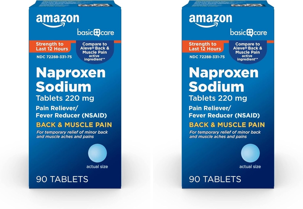 Grundläggande vård Tillbaka och muskelsmärta, Naproxen Natrium tabletter 220 mg, Smärta Reliever och Fever Reducer, för Backache, Muscular Aches, Mindre artrit smärta, huvudvärk och mer, 90 greve (Pack av 2)