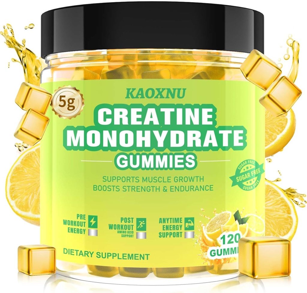 Kreatinmonohydrat Gummies 5600mg för män och kvinnor, 120 CT Chewable Creatine Gummies för muskelstöd, energiökning, 5,6 g kreatinmonohydrat per portion - Sugar Free, Vegan (Lemon Flavor)