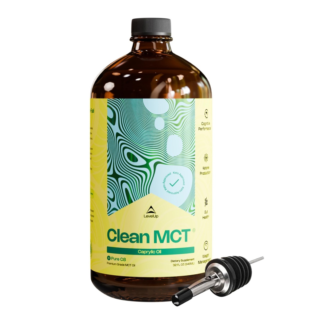 LevelUp Clean MCT Olja - 100% Caprylic C8 för energi, fokus, Gut Health, Brain Superfuel - Keto Supplement för Ketogenic Coffee och Ketones - Non-GMO (32 oz Glass Bottle)
