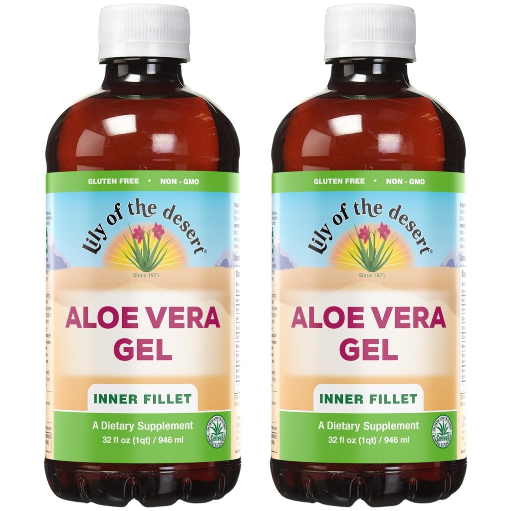 Lily Of The Desert Aloe Vera Gel - Inre Fillet Thicker Consistency Aloe Vera Drink med naturliga vitaminer, Digestive Enzymes för Gut Health, magsäck, Wellness, Glowing Skin, 32 Oz (Pack of 2)