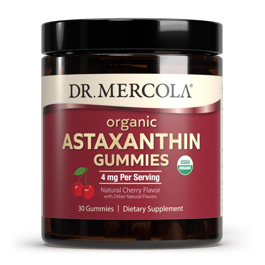Dr Mercola Organic Astaxanthin Gummies, 30 portioner (30 Gummies), 4 mg per portion, kosttillskott, antioxidant och immunstöd, certifierad organisk, icke-GMO