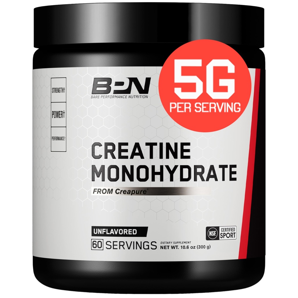 BARE PERFORMANCE NUTRITION, BPN Pure Creatine Monohydrate Powder By Creapure, 5g of Creatine per Serving, Supports Muscle Growth, Unflavored Creatine Powder, 60 Servings