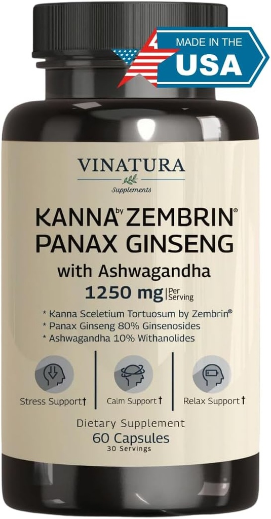 VINATURA Kanna Zembrin Sceletium Tortuosum - 50mg Kanna / Servering, med Ashwagandha, Ginseng *Brain Health, Stress Relief Support * Panax Ginseng 80% Ginsenosides Ashwagandha Capsules 10% Withanolider