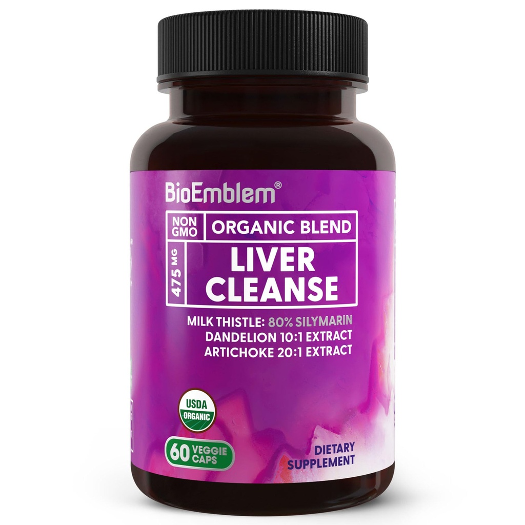 BioEmblem USDA Organic Liver Cleanse - 80% Silymarin Milk Thistle Extract för leverhälsa och leverfunktion med Dandelion & Artichoke Extracts - 100% Vegan, Non-GMO - Herbal Liver - 60 kapslar