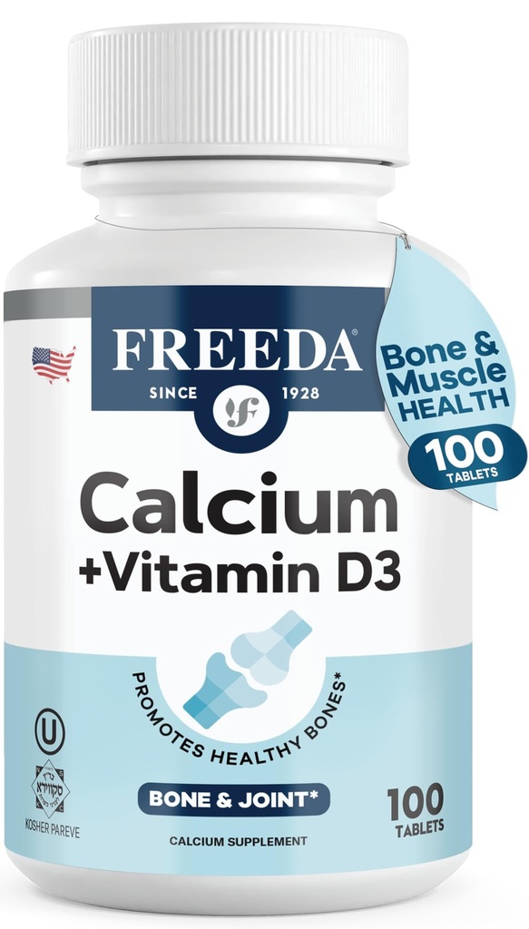 FREEDA Calcium 600 mg med vitamin D3 400 IE - Essential Bone Support Supplement - Kosher, Gluten-Free, Easy-to-Swallow Coated tabletter för kvinnor och män (100 Ct)