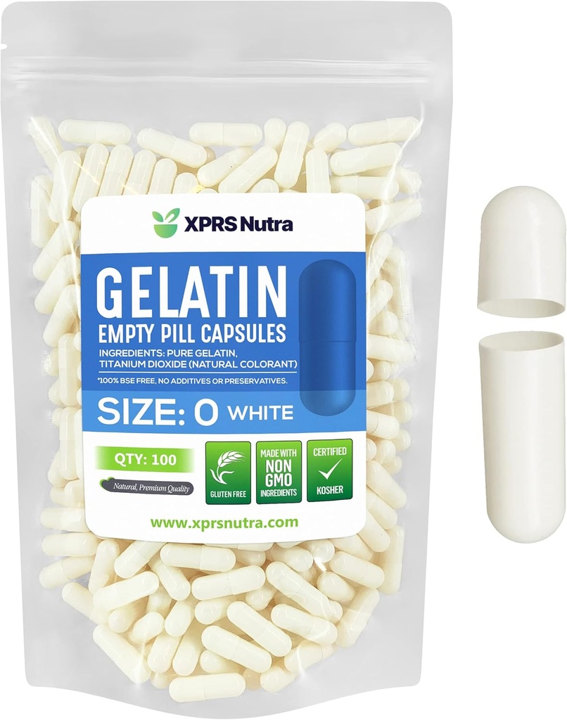 XPRS Nutra Size 0 Empty Capsules - 100 Count Empty Gelatin Capsules - DIY Capsule Fyllning - Pure Bovine Pill Gel Caps for Do-It-Yourself Supplements (White)