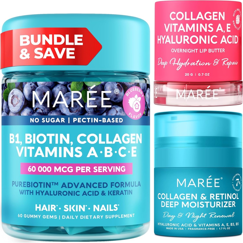 MAREE Bundle - Vitamin B1 Thiamine Gummies, Lip Mask, Face Moisturizer - A, E, D, C Vitamins - Collagen & Hyaluronic Acid, Retinol-komplex för hud, naglar, hår - mask för torra läppar - Anti-Aging Cream