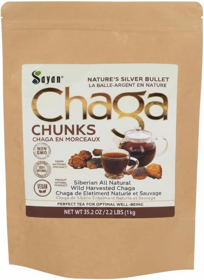 Sayan Siberian Pure Raw Chaga Mushroom Chunks med Black Top Crust 35.2 Oz / 2.2 lb - Premium Wild-Harvested Antioxidant Tea för immunstöd, fokus och Digestive Health - Non-GMO