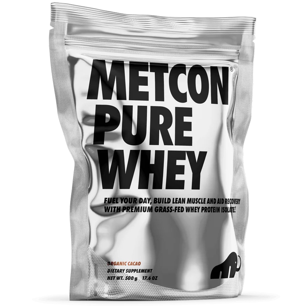MetCon Whey Protein Isolate - Premium Grass-Fed Whey Protein Isolatpulver med 5 All-Natural Ingredients, Inga fillers, Organic Cacao smak (500g)