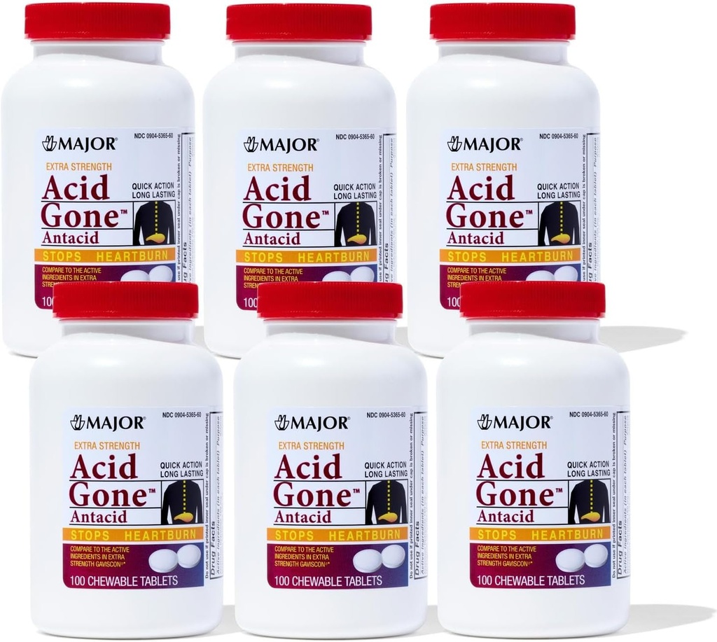 Major Acid Gone Extra Strength Antacid Chewable Tablets - Anti-Acid Relief - Acid Reflux Medicine for Adults - Upset Stomach, Acid Indigestion, and Heartburn Relief - Long-Lasting - 100-Count (6 Pack)
