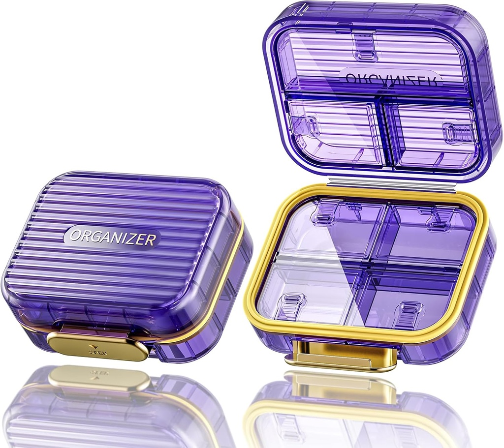 Acedada Small Pill Box, Travel Pill Organizer, Compact 7-Compartment Moistureproof Pill Case for Purse, Chic Daily Pill Container, Portable Medicine & Vitamin Holder för fiskolja och tillskott, lila