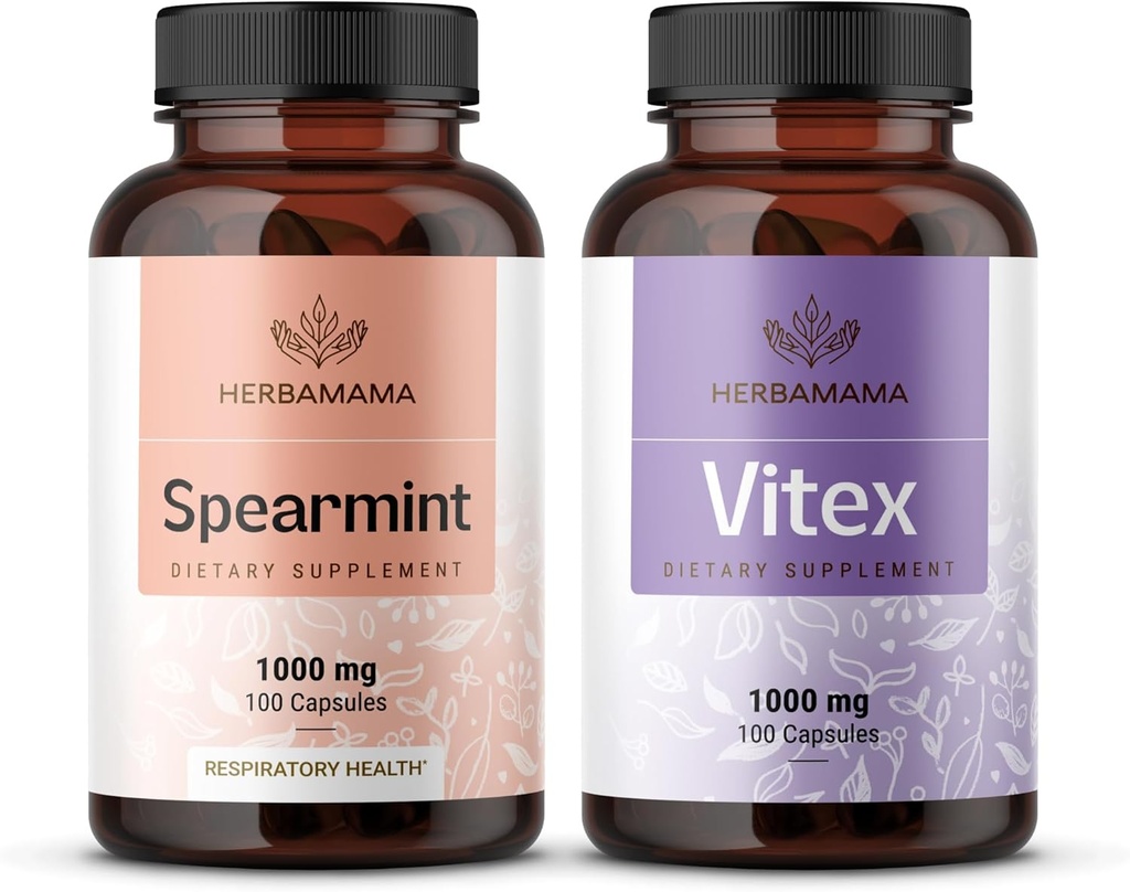 HERBAMAMA Spearmint och Vitex Kit - Bundle på 1000 mg Spearmint Leaf & Vitex Chasteberry Capsules - Vegan, Non-GMO, Gelatin-Free - 2 Pack