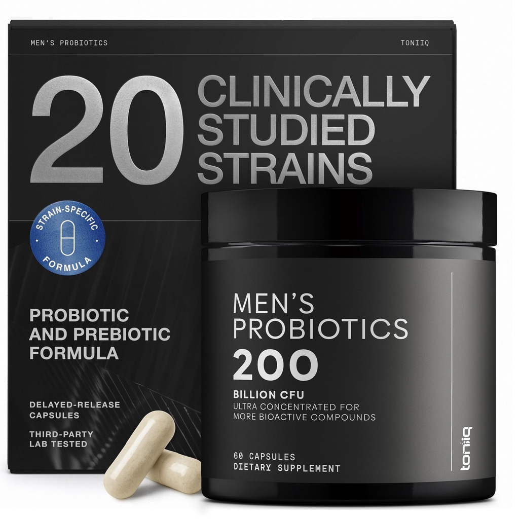 Toniiq Mens Probiotic med 20 Verified Strains - 200 Bilion CFU + 200mg FOS Prebiotic - Mens Probiotics for Gut Health - Cold-Chain & Delayed-Release - Lab-Tested Synbiotic Formel