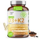 Purity Labs Vitamin D3 K2 10000 IE, (250mcg) D3 + 200mcg K2 MK7 - Immun Support Supplement Förbättrad med bioperin - Kosttillskott för dagligt försvar, ben, muskel och hudhälsa - 120 kapslar