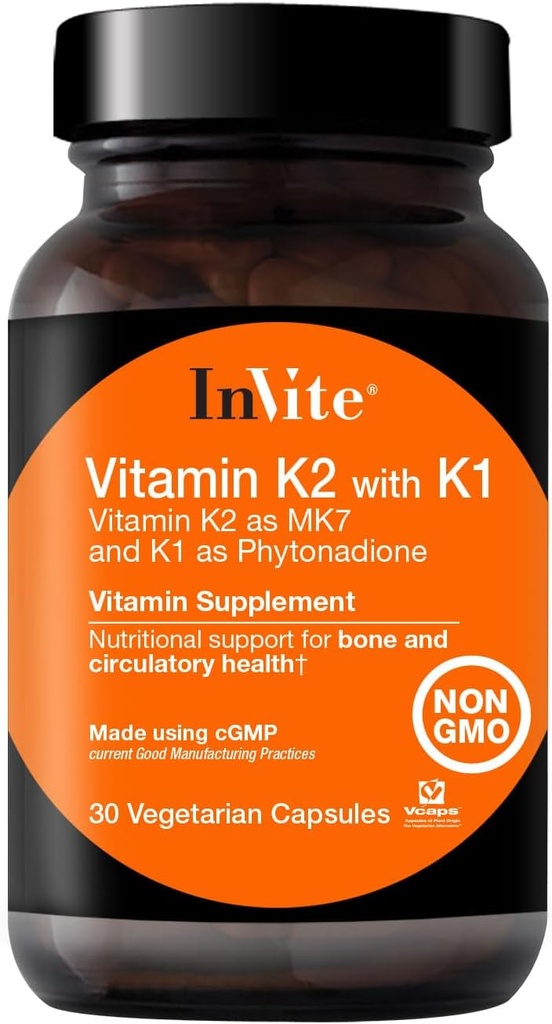 Inbjud hälso vitamin K2 med K1 - Stöder ben- och cirkulationshälsa - Vitamin K2 som MK7 och K1 och Phytonadione - 30 vegetariska kapslar (2-pack)