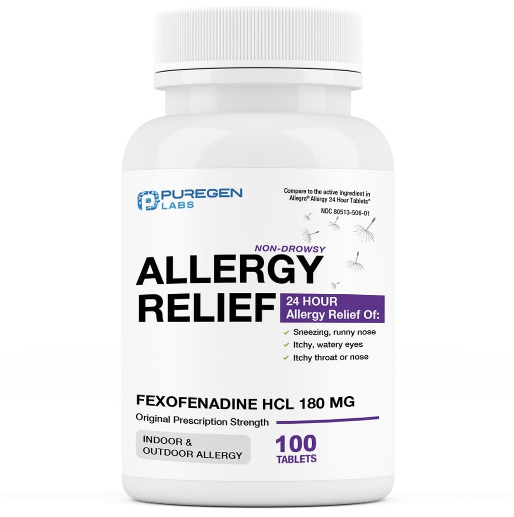 Puregen Labs Allergy Relief, Fexofenadine 180mg, 100 tabletter - 24 Hour Non-Drowsy Antihistamine Allergy Medicine för Runny Nose, Sneezing, Itchy, Watery Eyes - Tillverkad i USA