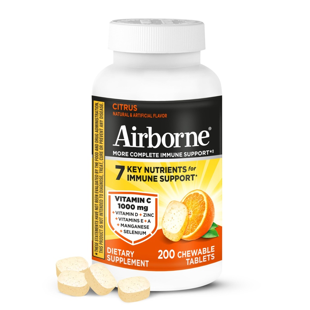 Airborne 1000mg Vitamin C med D och Zink, Multivitamin Immune Support Supplement med Antioxidanter A, C och E, 200 Chewable Tablets, Citrus Flavor