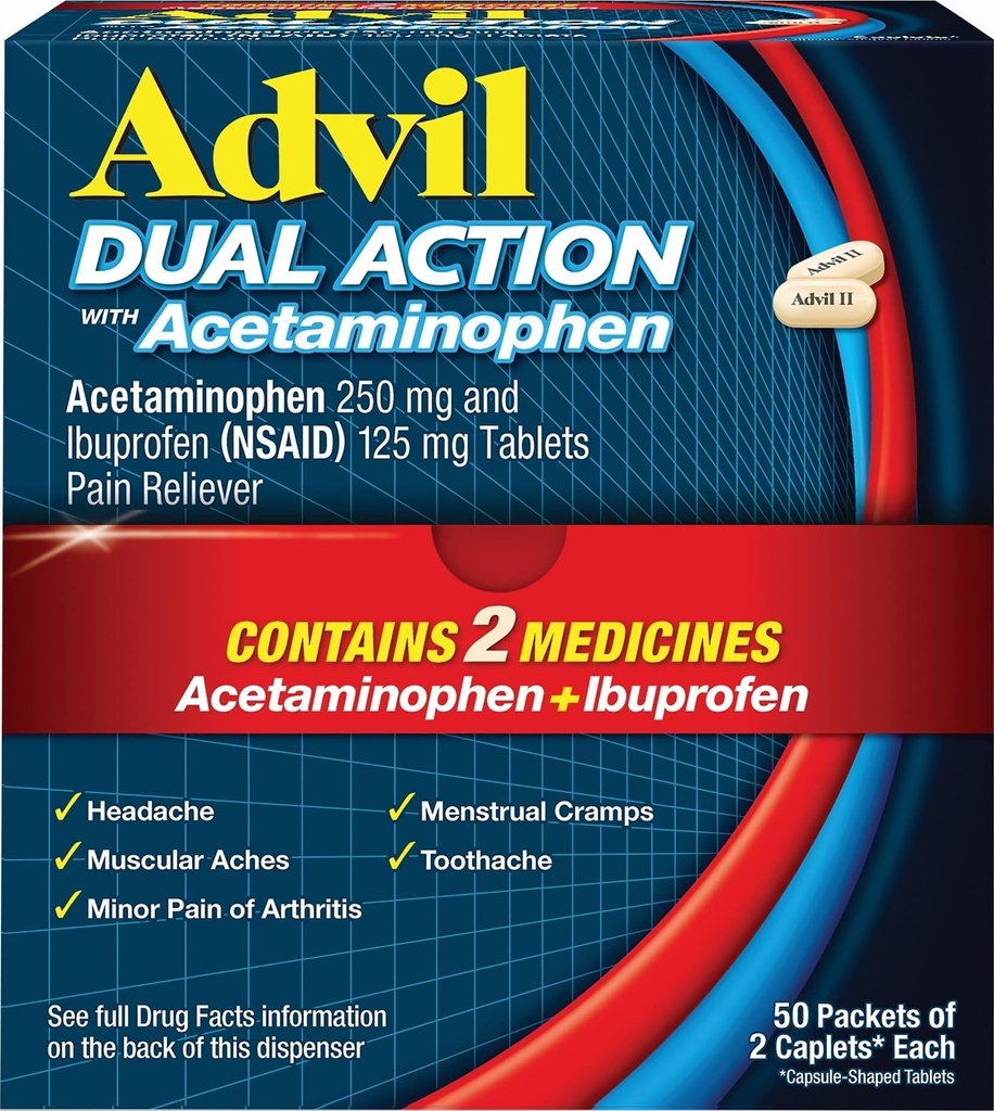 Advil Dual Action Coated Caplets with Acetaminophen, 250 Mg Ibuprofen och 500 Mg Acetaminophen Per Dose (2 Dose Equivalent) för 8 Hour Pain Relief - 2 Count x 50