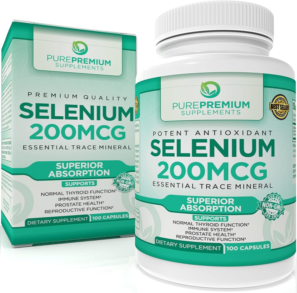 PurePremium Selenium 200mcg Supplement - L Selenomethionine Essential Mineral - Daily Support for Normal Thyroid, Immune System| Normal Prostate Function - 3 Months Supply - 100 Capsules