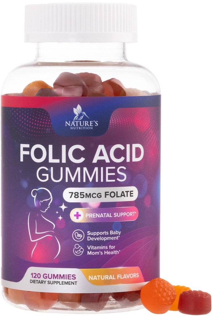Folic Acid Gummies för kvinnor 785 mcg, väsentliga prenatala vitaminer för mamma och baby, Vegan Folic Supplement Gummy, Daily Vitamin B9 Extra Strength Folate, Innan under graviditeten - 120 Gummies