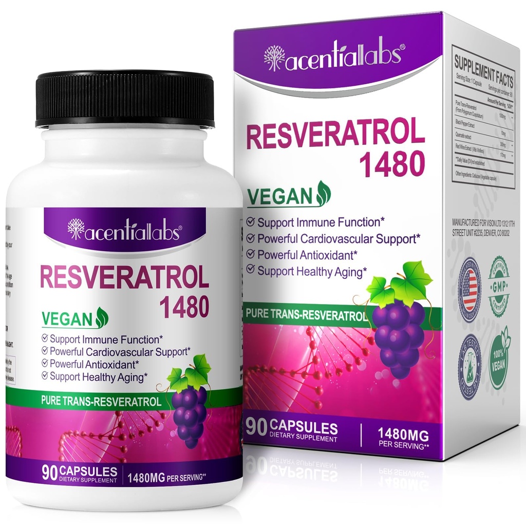 100% naturlig resveratrol - 1480mg per portion, 90 Veggie kapslar, 99% ren transveratrol, antioxidant för hälsosam åldrande, hjärn- och hjärtsupport