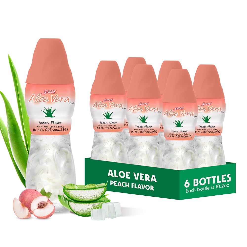 Aloe vera juice (Peach smaksatt) med större chunky ren aloe pulp (6 Packs) Växtbaserad juice bra för hydrering och innehåller stor aloe massa. Det är hälsosamt för vuxna och barn