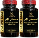L-LYSINE 1000 mg Gratis formulär Aminosyra Essential - Hög styrka L-Lysin Supplement för Vision Support Lip Care, L-Lysine HCI, Gratis formulär Aminosyra, Förbättrad Absorption - 2 flaskor 200 grejer