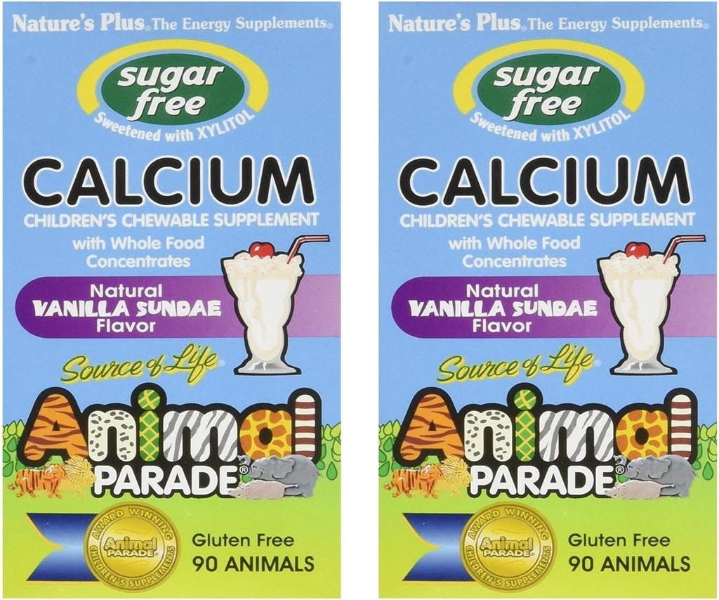 NaturesPlus Animal Parade Sugar-Free Children's Calcium, Vanilla Sundae Flavor - 90 Chewable Animal Shaped tabletter, Pack of 2 - Magnesium för benhälsa - Gluten Free - 90 portioner