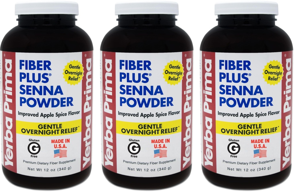 Yerba Prima Fiber Plus Senna Powder, 12 Ounce (Pack of 3) - för kortsiktig användning för att återställa reglering, förbättrad Apple Spice Flavor, Stevia Sweetened, ger Gentle Overnight Relief, Non-GMO