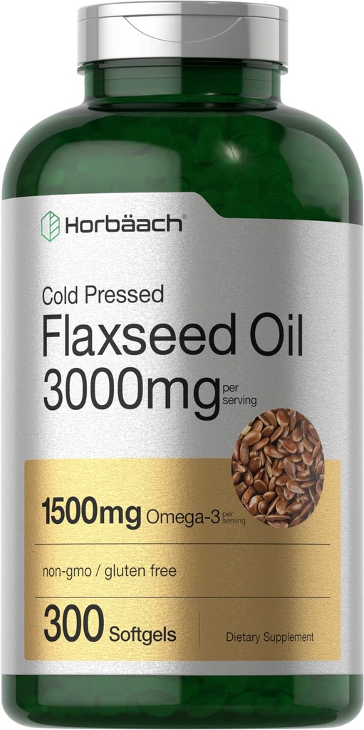 Horbäach Flaxseed Oil Softgel Capsules 3000mg | 300 greve | Hög styrka | med Omega 3 6 9 | Non-GMO, Gluten Free | Cold Pressed Flax Seed
