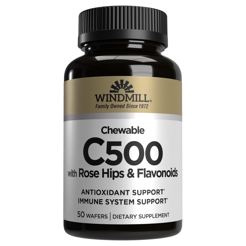 Windmill Natural Vitamins Vitamin C 500 mg, med Rose HIPS och Bioflavonoider, Immune Booster, Antioxidant Support, Chewable Tablets, Acerola Berry, 50 tabletter, 50 portioner