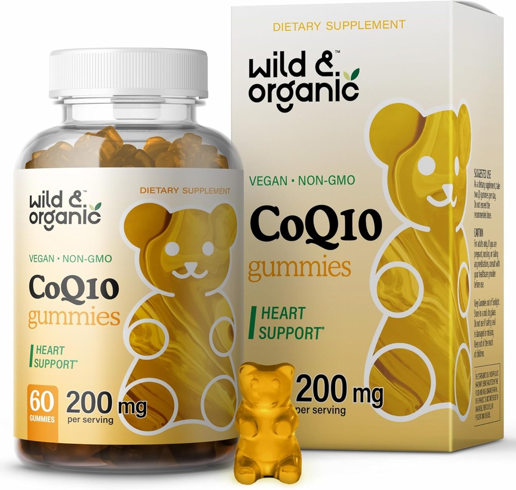Wild & Organic CoQ10 Gummies - Vegan CoQ10 200mg Antioxidant Supplement with Ubiquinone - Natural Energy and Focus Gummies with Coenzyme Q10-60 Non-GMO Pectin Chewables