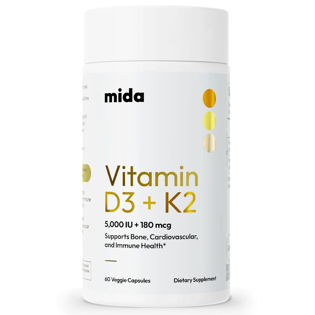 Mida Health® D3 K2 Vitamin 5000 IE med MK-7 | Naturtillskott för ben, hjärta och immunstöd | Vuxna Vegankapslar | 60 portioner