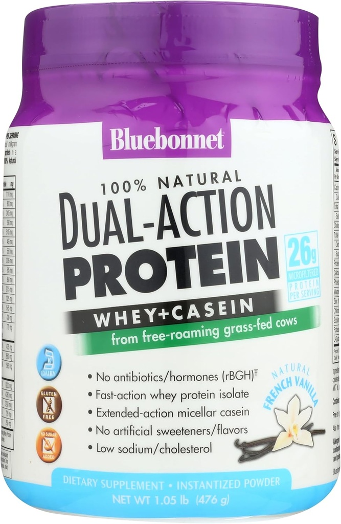 Bluebonnet Nutrition Dual-Action Protein Powder, Whey från Grass Fed Cows, No Sugar Added, Non GMO, Gluten & Soy Free, Kosher Dairy, French Vanilla Flavor, Off-white, 16.8 Oz