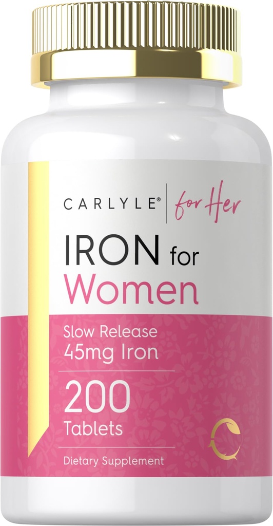 Carlyle Iron Supplement för kvinnor | 45mg | 200 långsamma släpptabletter | Vegetariska, icke-GMO, Gluten Free Pills | för henne