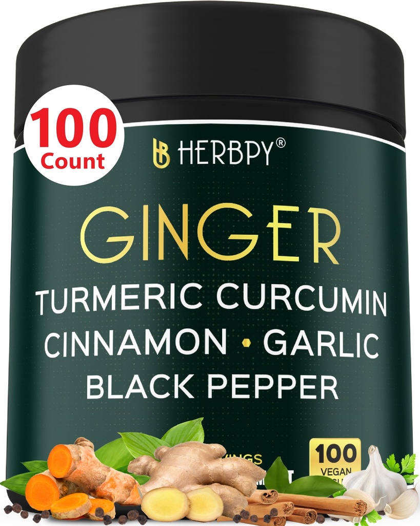 5in1 Ginger och gurkmeja kosttillskott med Ceylon Cinnamon, vitlök - Digestion, Immune, Brain & Heart Health Support - 100 Vegan kapslar