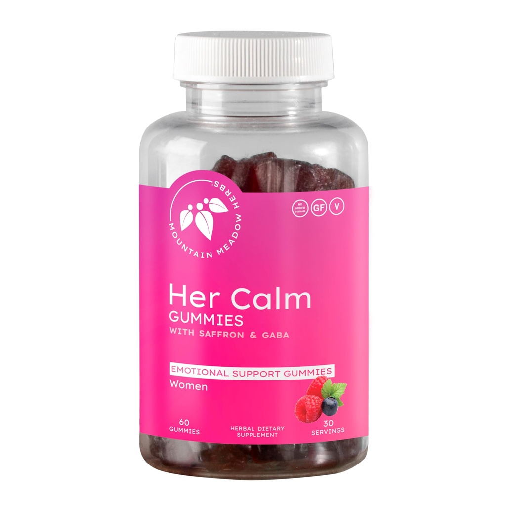 Mountain Meadow Herbs Her Calm Gummies - Natural Mood Support med Saffron, Passion Flower, St John's Wort, GABA - Stress Relief Supplement för kvinnor - 60 ct