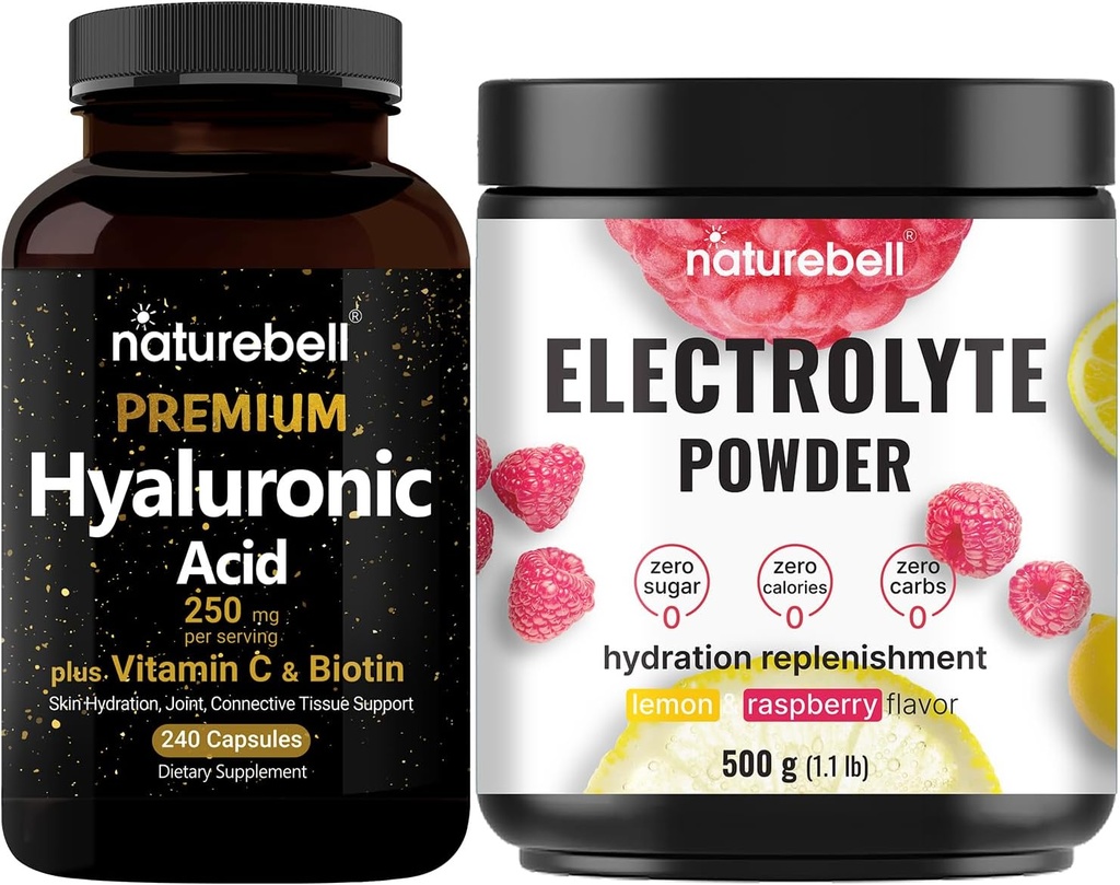 NatureBell Hyaluronic Acid Capsules med Biotin + Vitamin C & Electrolyte Hydration Powder Bundle Pack | Komplett skönhetsvård Komplex | Real Coconut Water Electrolytes