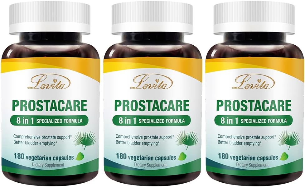 Lovita Prostate Health, 8 i 1 Exclusive Prostate Supplements for Men with Saw Palmetto 500mg, Stinging Nettle, Lycopene for Normal Urination Frequency, 180 Veggie Capsules (Pack of 3)