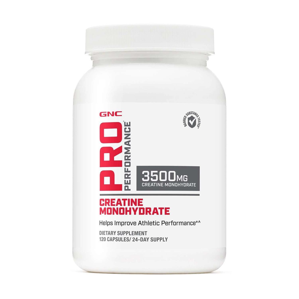 GNC Pro Performance Creatine Monohydrate 3.5g Supplement, förbättrar muskelbyggnad, uthållighet och prestanda, 120 kapslar, 24 portioner