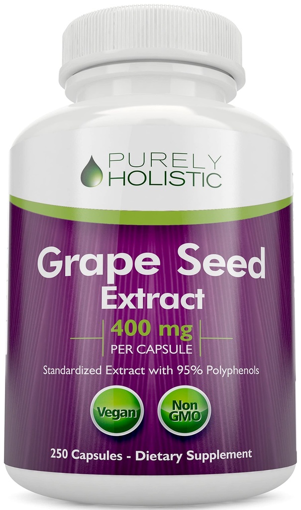Rent Holistic Grape Seed Extract 20.000mg - 250 Vegan kapslar - 8 + Månadsförsörjning - Standardiserad till 95% polyfenoler - 400 mg per kapsel - Maximal styrka Grapeseed - Non-GMO & Pesticide Free
