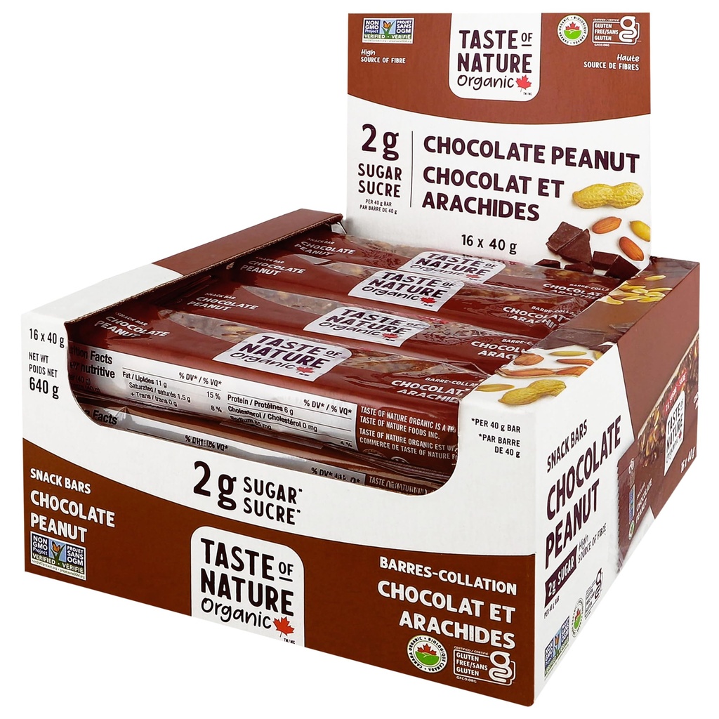 Smak av naturen - Organisk 2g socker choklad jordnöt - låg sockersnack och frukostbar, High Fiber Energy Bar - 16 greve Snack Pack