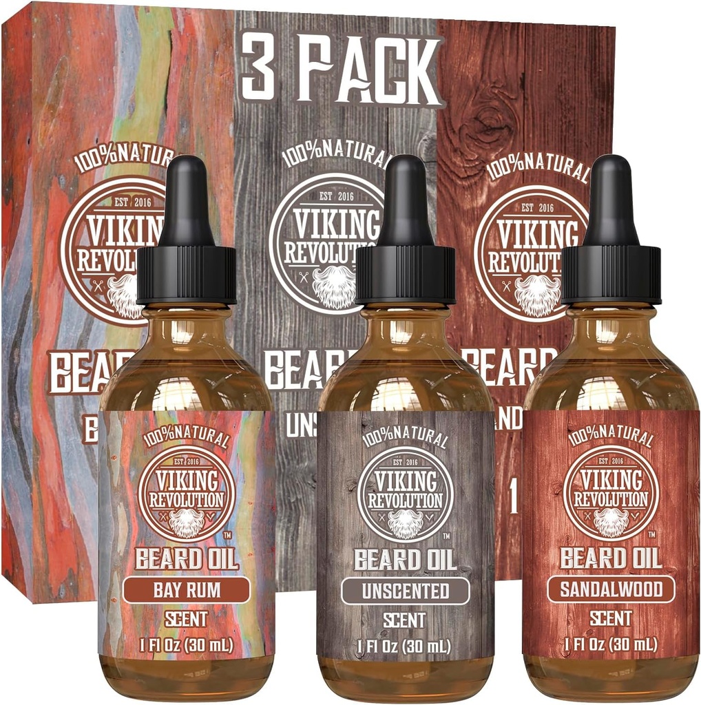 Viking Revolution Beard Oil för Män 3 Pack - Natural Mens Beard Oil Variety Set 2 - Sandalwood, Unscented och Bay Rum Scents - Beard Conditioning och Moisturizing för en hälsosam skägg (3 Pack, 1oz)